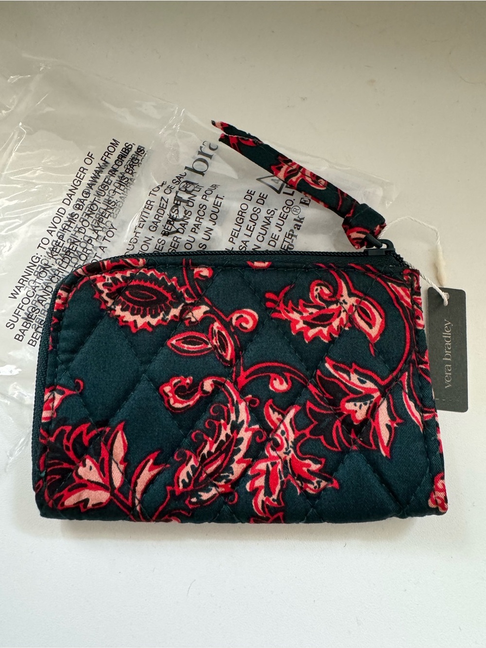Vera Bradley Quilted Wristlet in Dark Emerald with Red Floral Paisley
